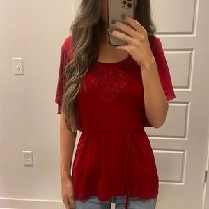 Flutter Sleeve Tie Waist Red Short Sleeve Top